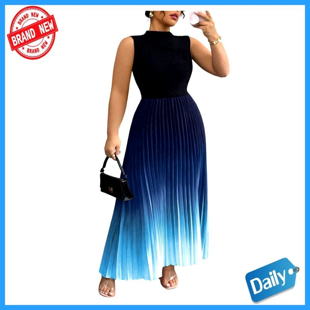 Plus Size Maxi Dress Mock Neck Sleeveless Pleated A Line Flowy Long